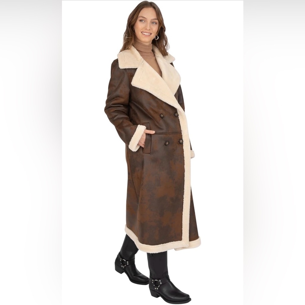 Frye Brown and Cream Shearling Trench Coat NWOT